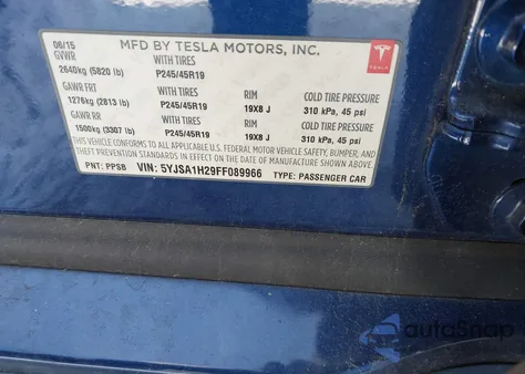 2015 Tesla Model S 70D/85D/P85D z USA, uszkodzony, nr VIN 5YJSA1H29FF089966